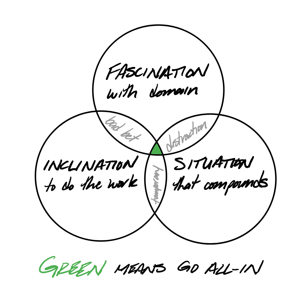 A Venn diagram of a good bet. You need the overlap of fascination, inclination, and situation.